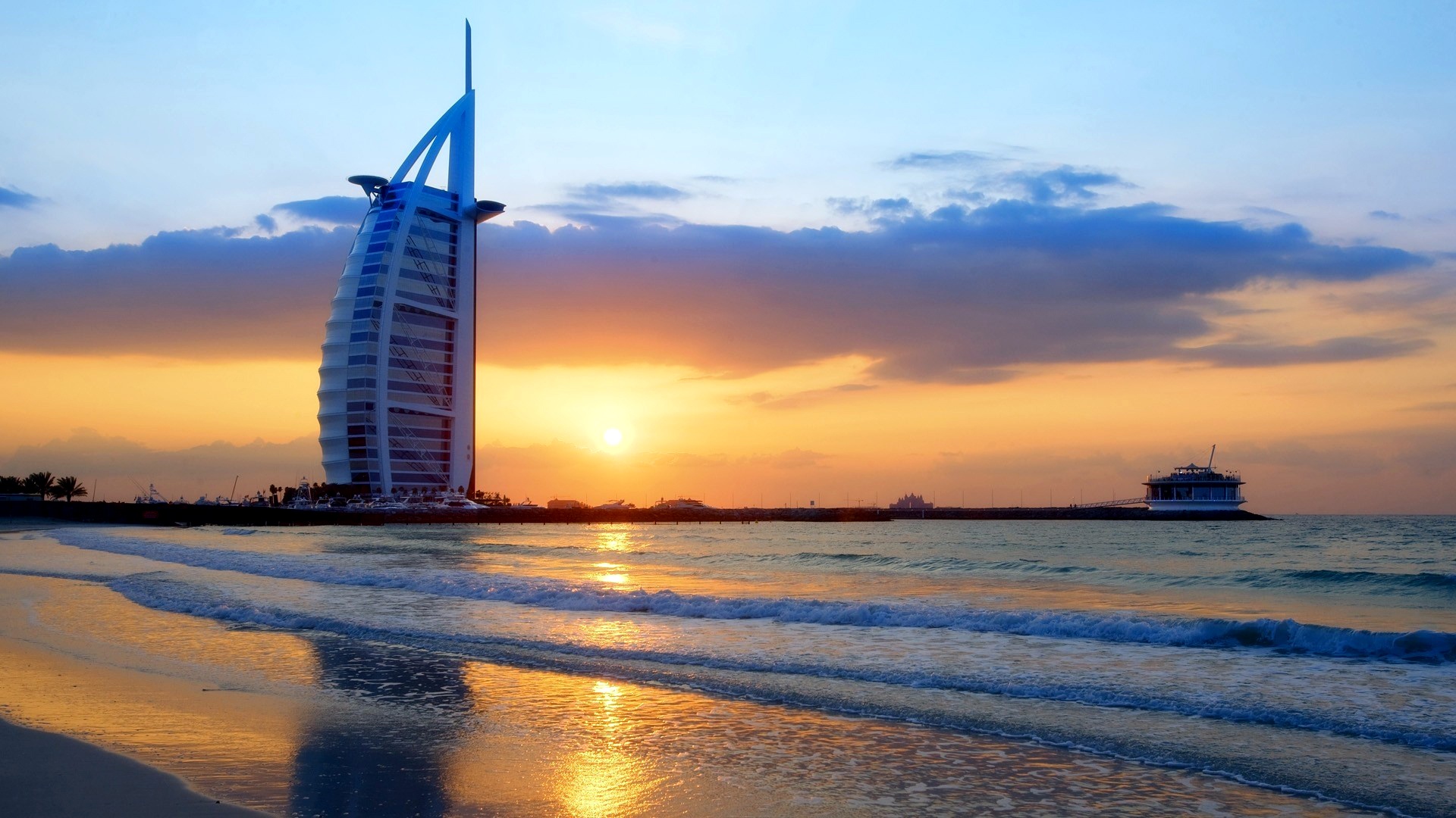 city , waves , Dubai , twilight , sky , sea , landscape , sunset , skyscraper , clouds , evening , sun , Burj Al Arab , architecture , building , UAE , United Arab Emirates ,