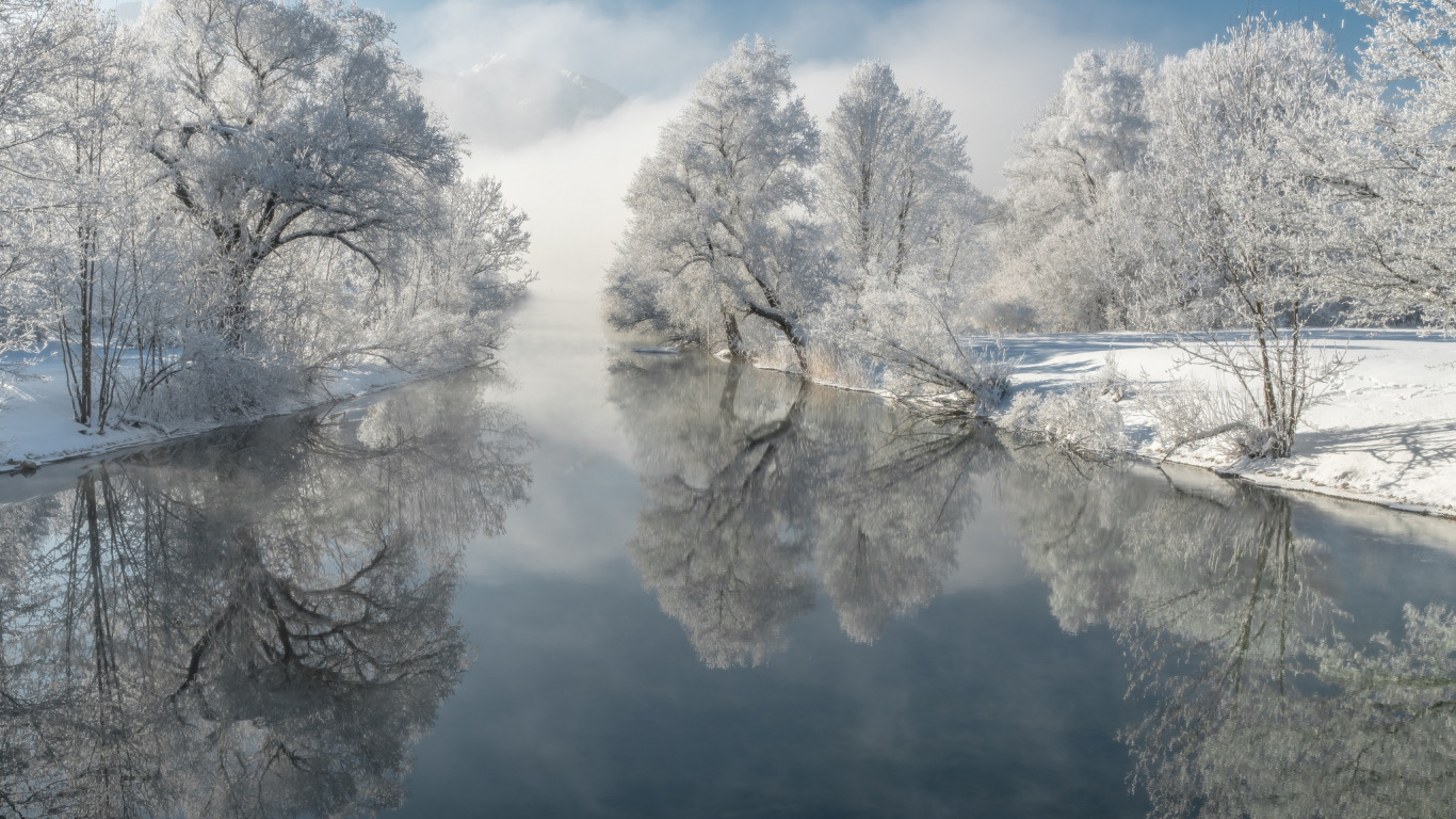 winter , frost , trees , reflection , river , Germany , Bayern , Germany , Bavaria , Loisach River , The River Loisach ,