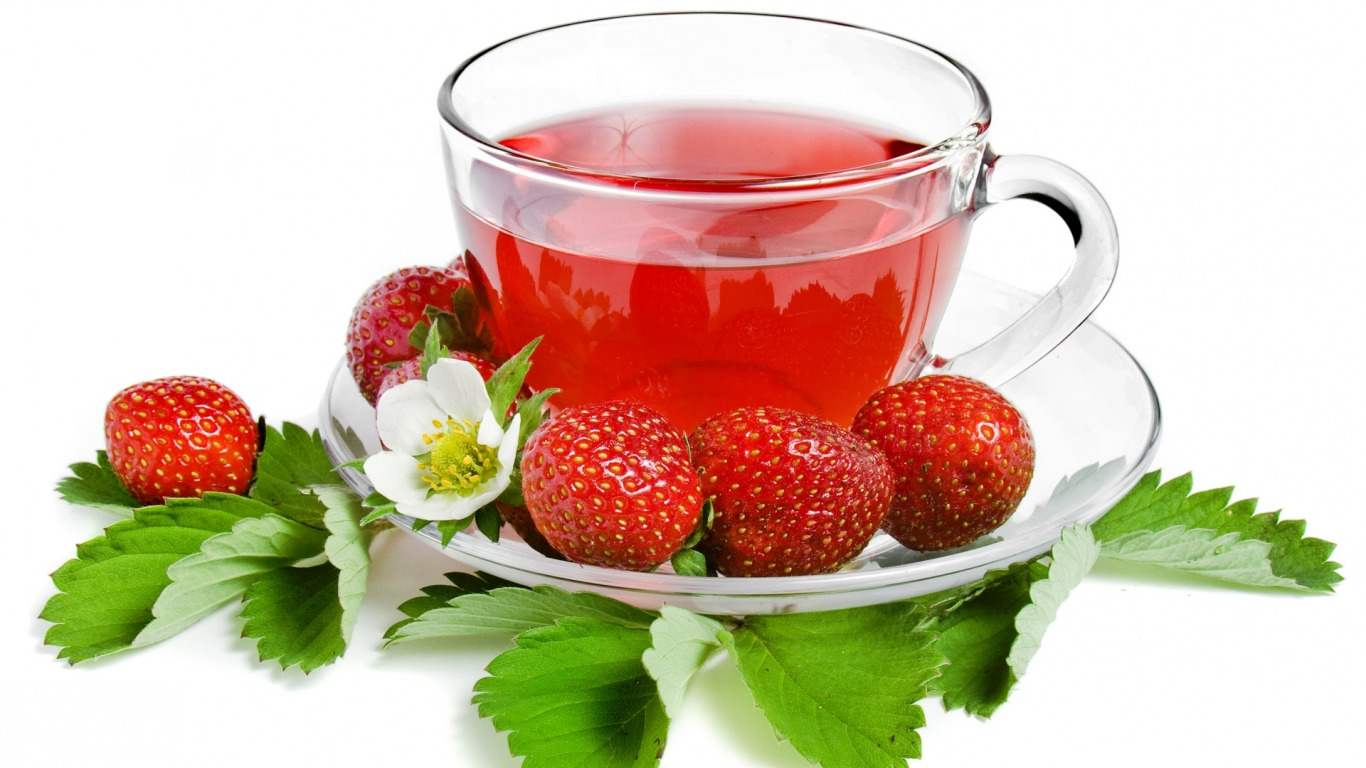 tea , strawberry , berry , Cup , white background , leaves , saucer , strawberry , tea ,