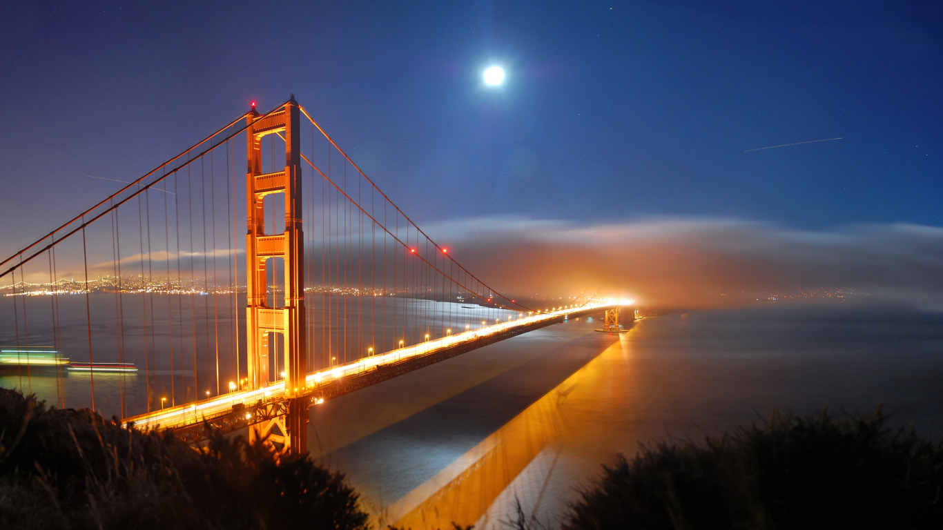 sea , water , light , night , lights , city , the ocean , the moon , view , a month , Golden gate , America , bridges , USA , States , san francisco , places , golden gates , panorama of San Francisco ,