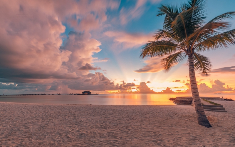 sand , beach , the sky , clouds ,  sunset , tropics , Palma , the ocean , Maldives , The Indian ocean , Indian Ocean , Malediwy ,