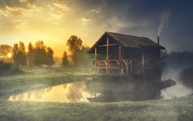 forest , summer , the sky , grass , the sun , trees , landscape , nature , fog , comfort , lake , house , reflection , dawn , shore , smoke , silence , morning , pipe , wooden , house , island , early , pond , veranda , hut , lonely , pond